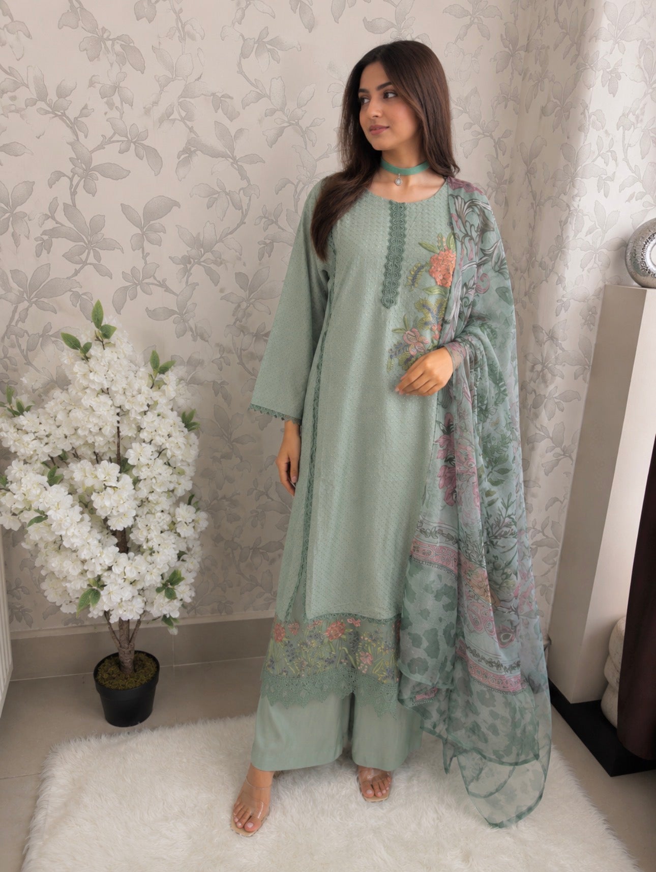 M Prints inspired Embroidered 3-Piece Suit | Pakistani Designer Dress