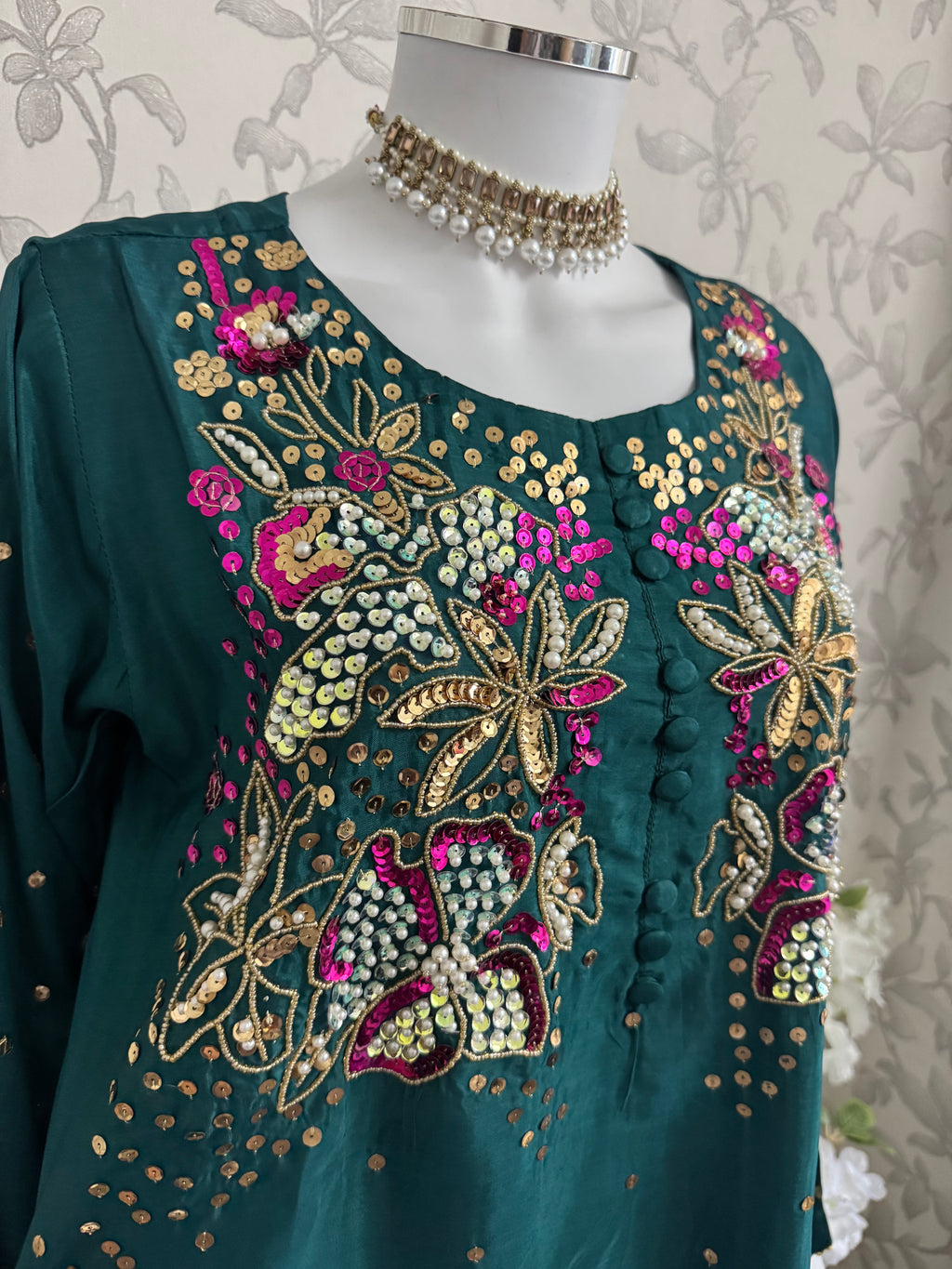 SILKY CHARM- 3 piece sequins Embroidered Silk Suit