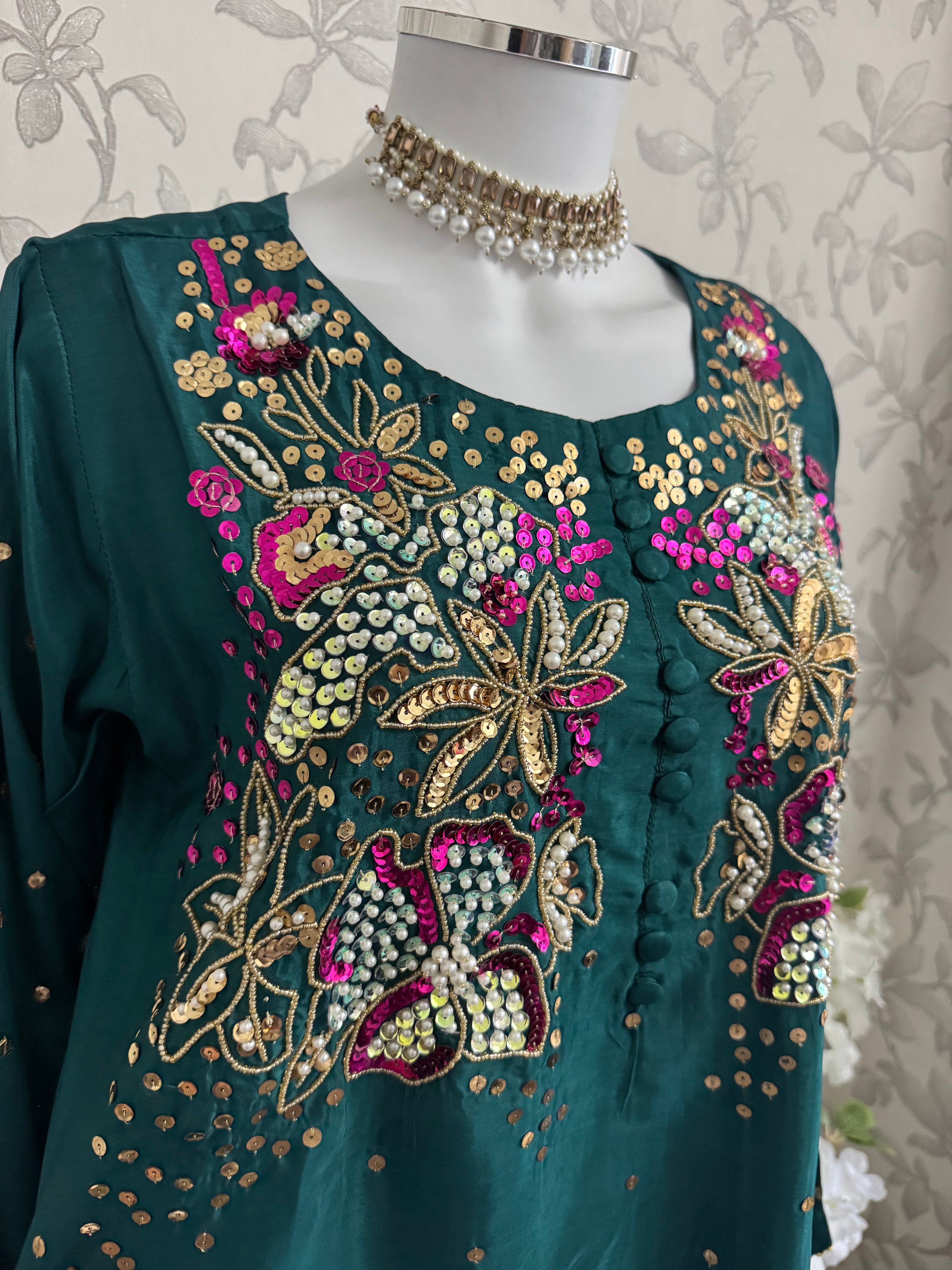 SILKY CHARM- 3 piece sequins Embroidered Silk Suit