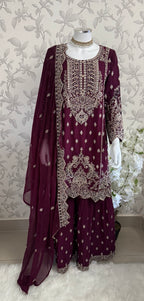 SAFFA- 3 piece Embroidered Chiffon Gharara Suit