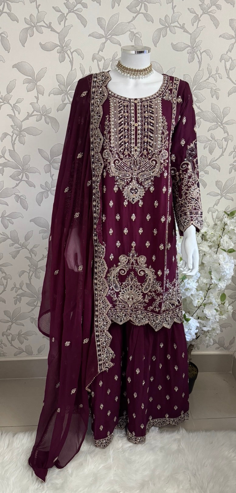 SAFFA- 3 piece Embroidered Chiffon Gharara Suit