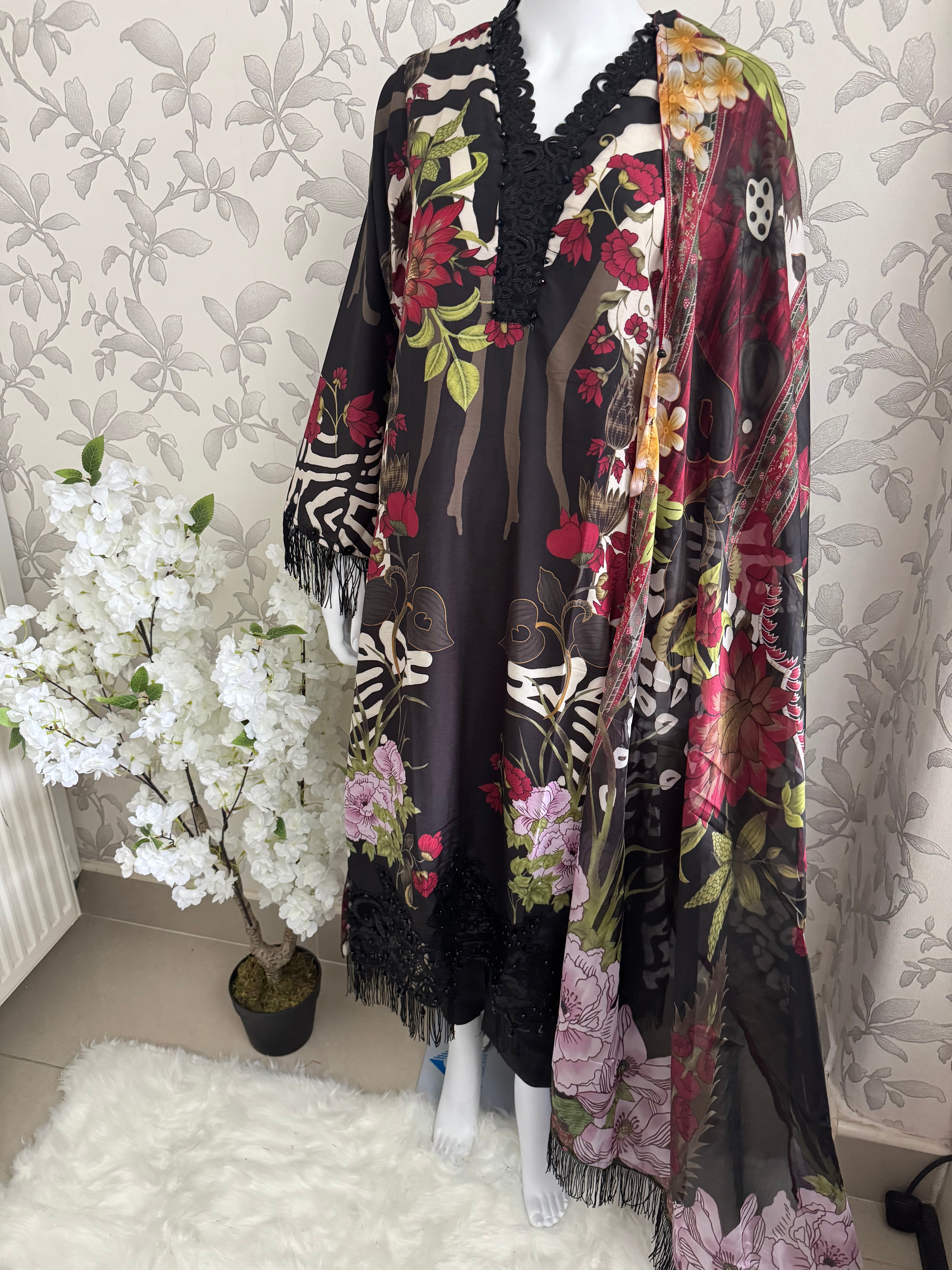 M Prints inspired Embroidered 3-Piece Suit | Pakistani Designer Dress