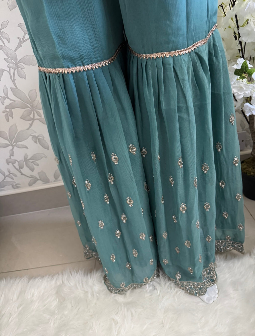 SAFFA- 3 piece Embroidered Chiffon Gharara Suit