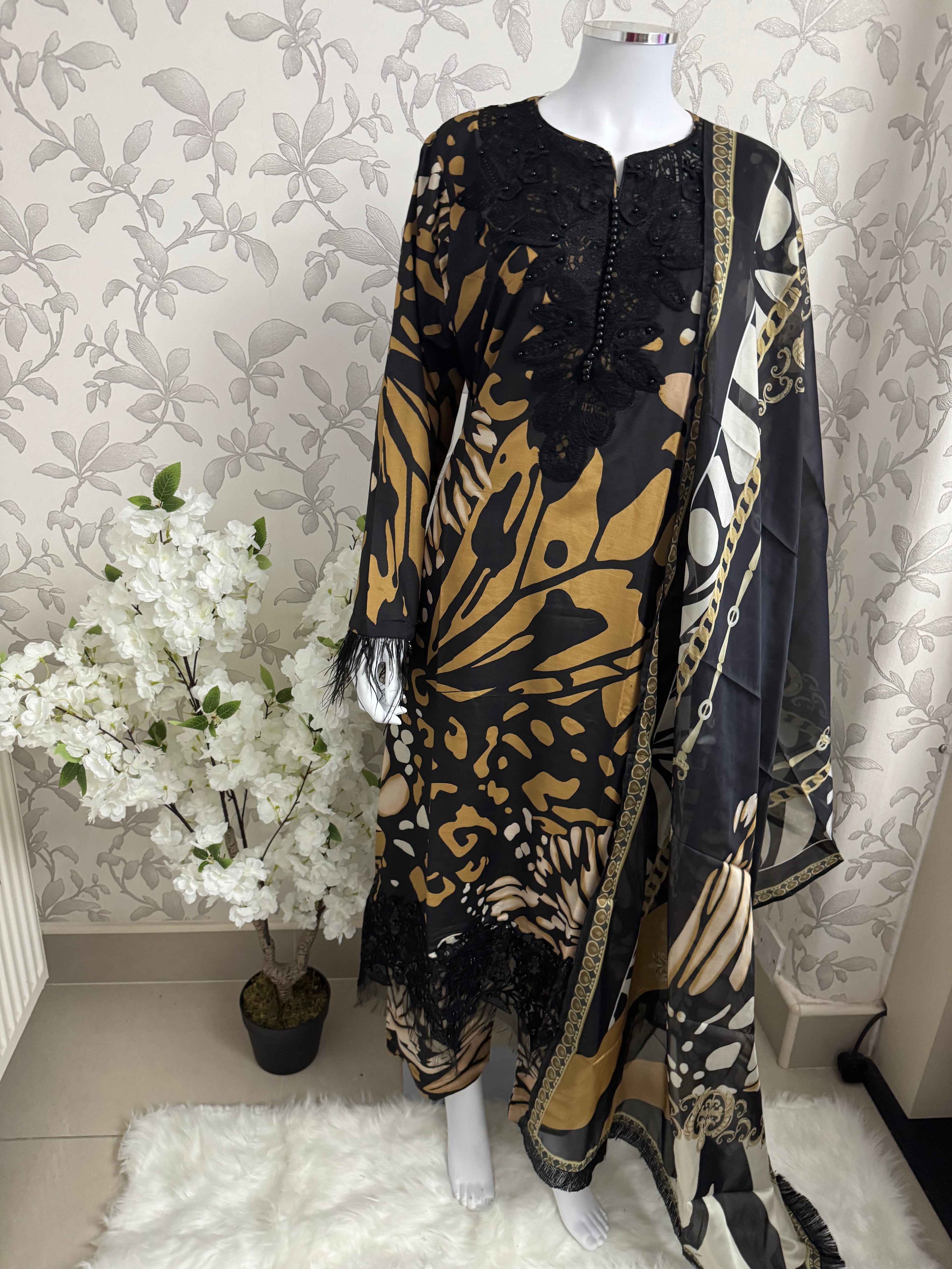 M Prints inspired Embroidered 3-Piece Suit | Pakistani Designer Dress