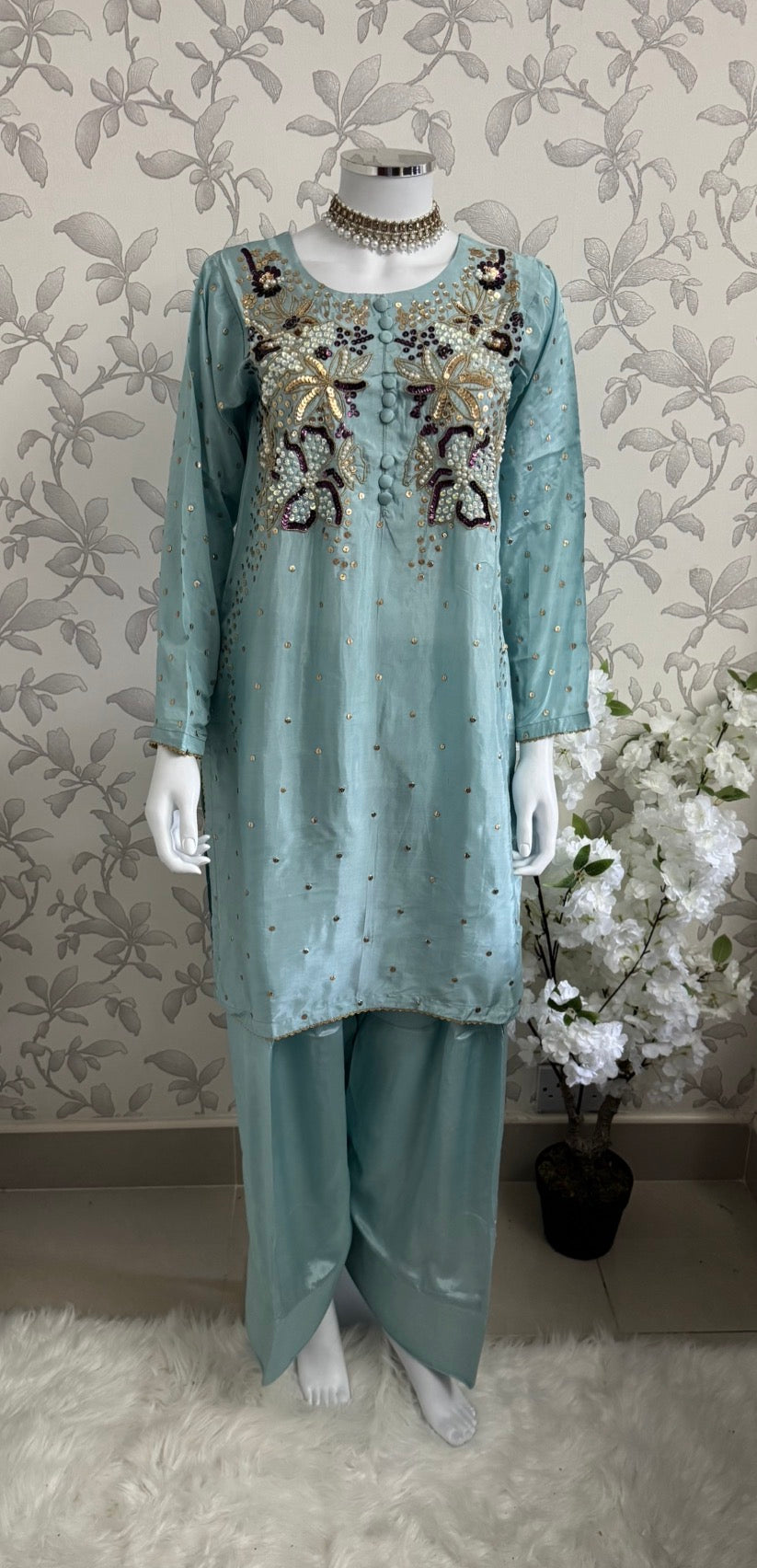 SILKY CHARM- 3 piece sequins Embroidered Silk Suit
