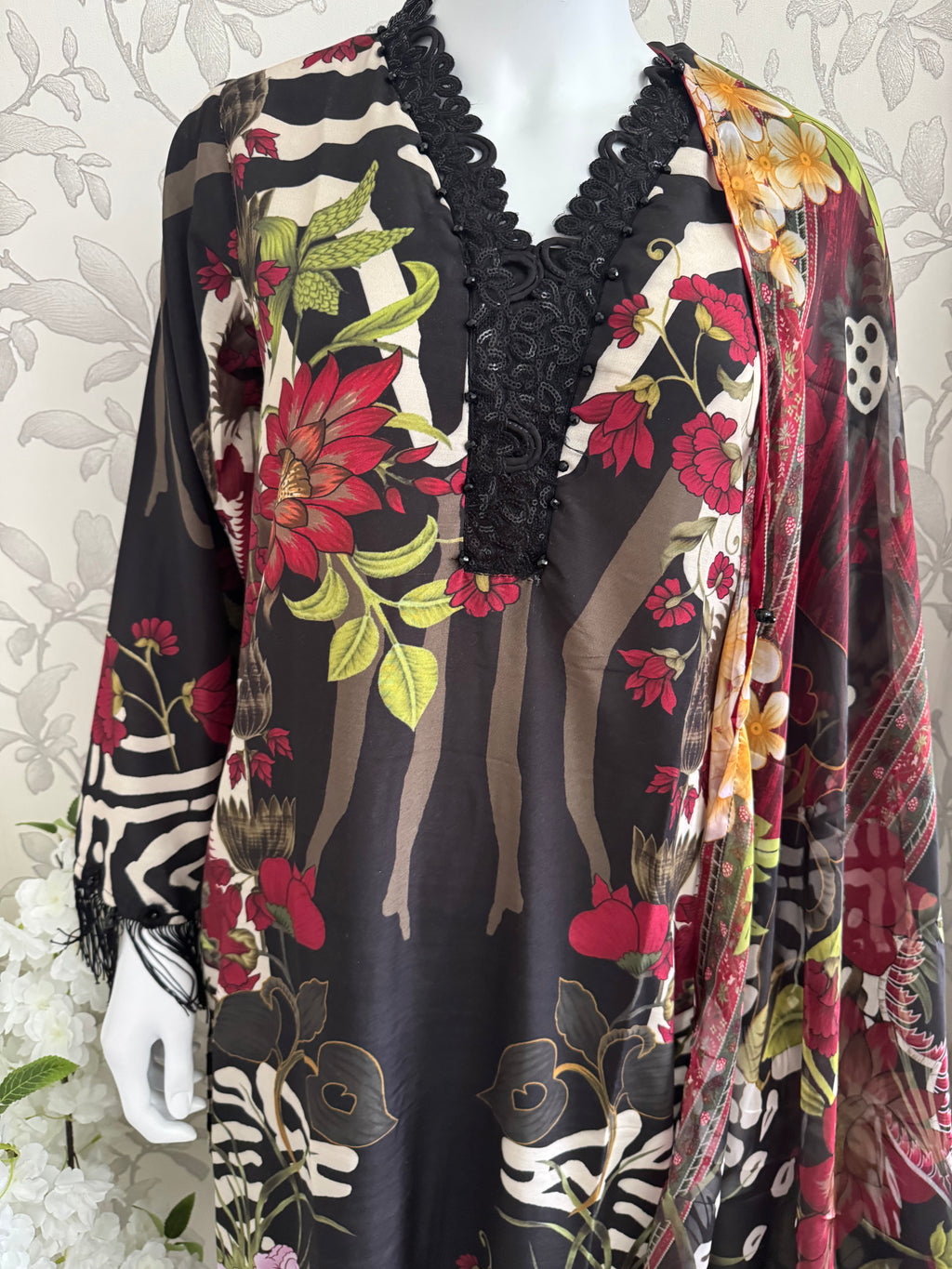 M Prints inspired Embroidered 3-Piece Suit | Pakistani Designer Dress