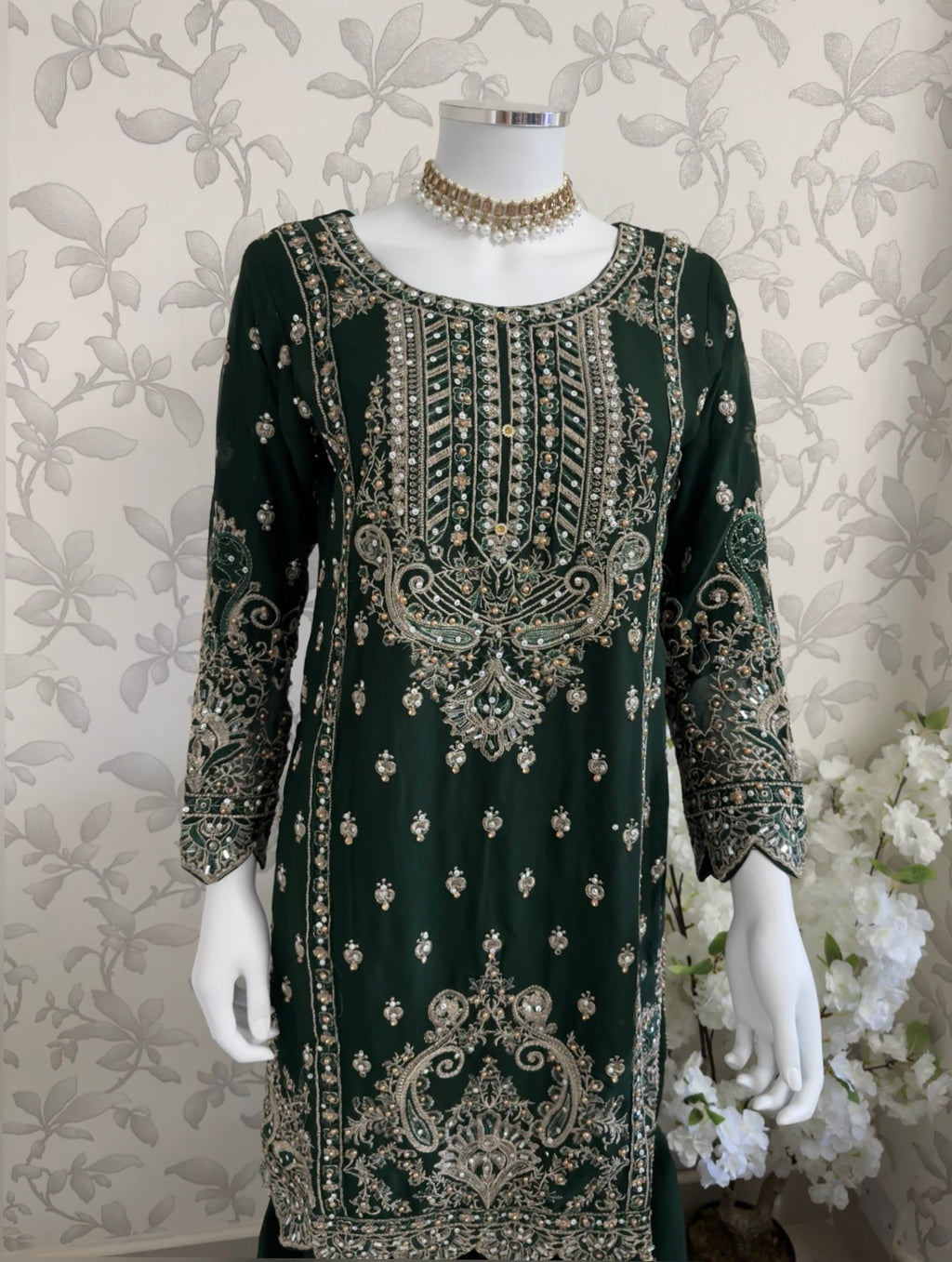 SAFFA- 3 piece Embroidered Chiffon Gharara Suit
