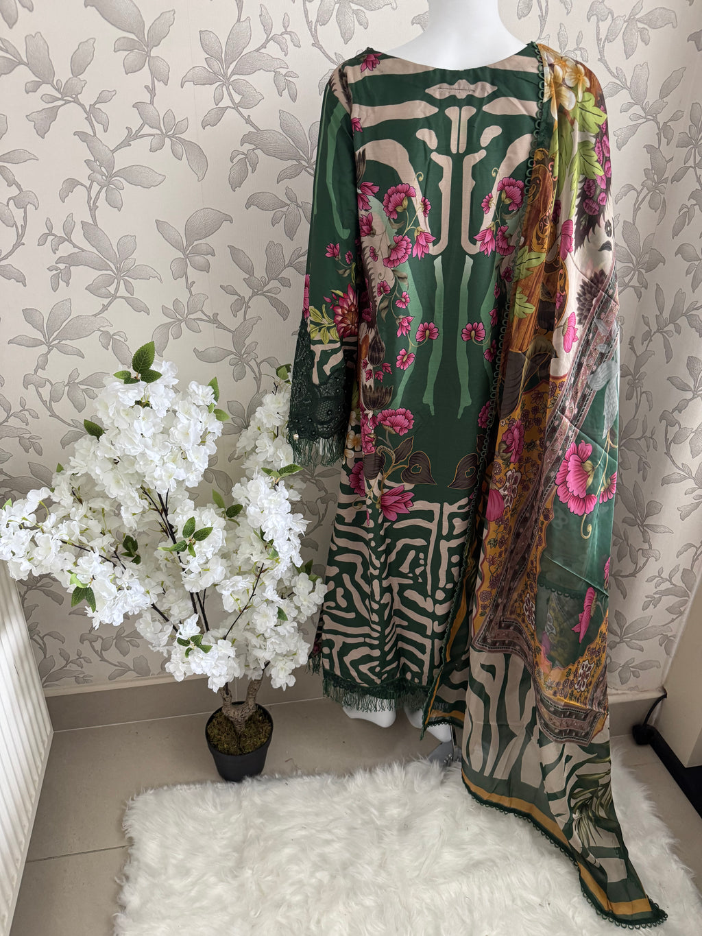 M Prints inspired Embroidered 3-Piece Suit | Pakistani Designer Dress
