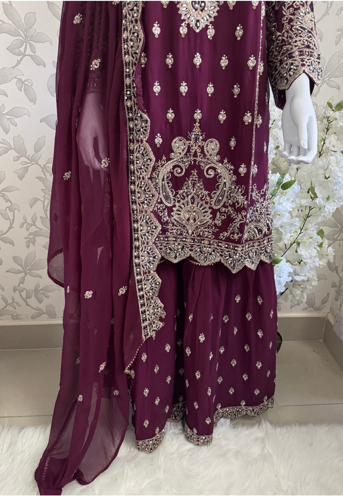 SAFFA- 3 piece Embroidered Chiffon Gharara Suit