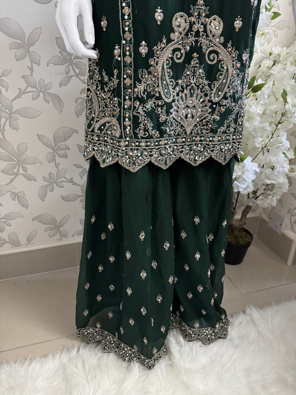 SAFFA- 3 piece Embroidered Chiffon Gharara Suit