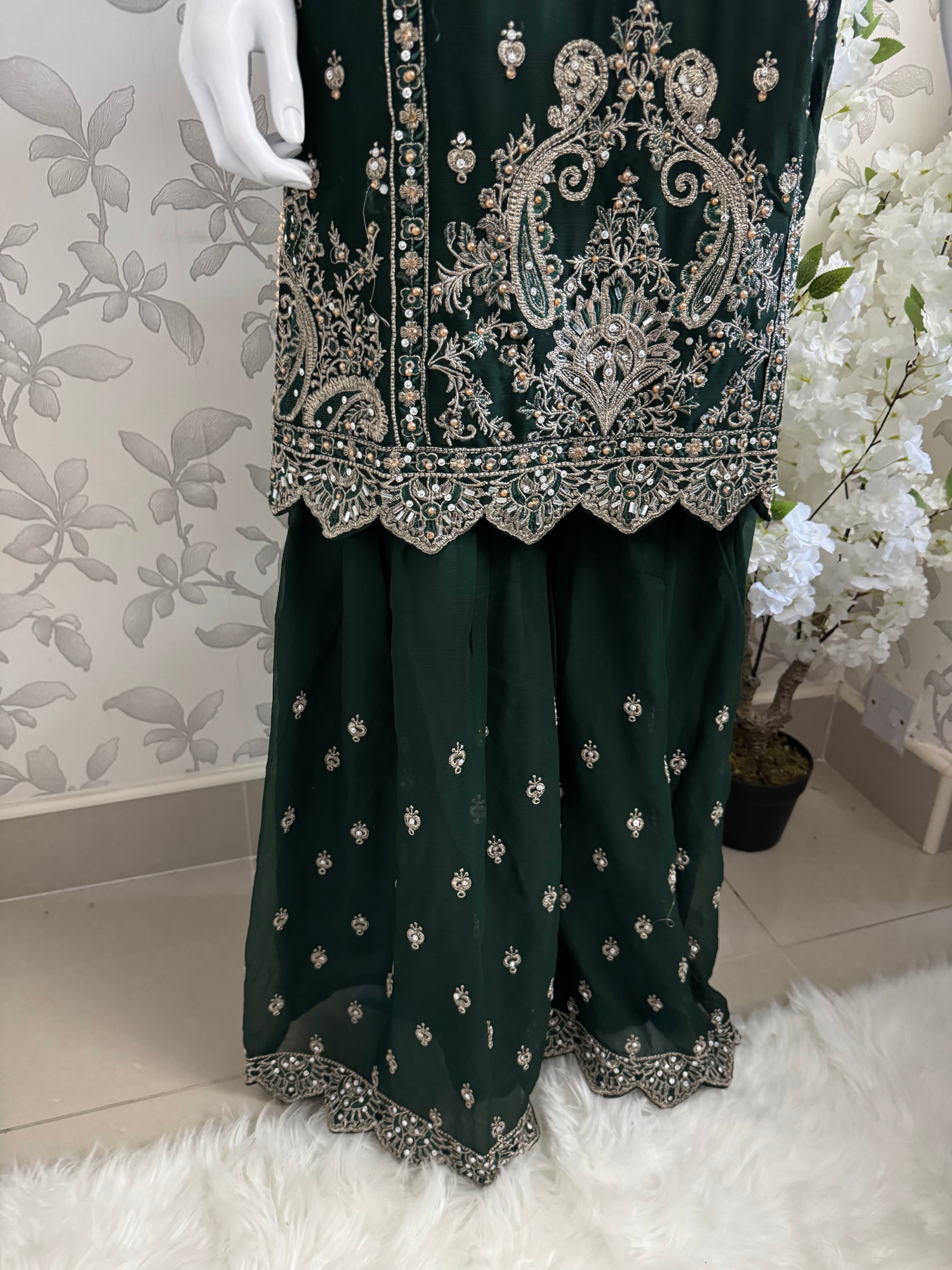 SAFFA- 3 piece Embroidered Chiffon Gharara Suit