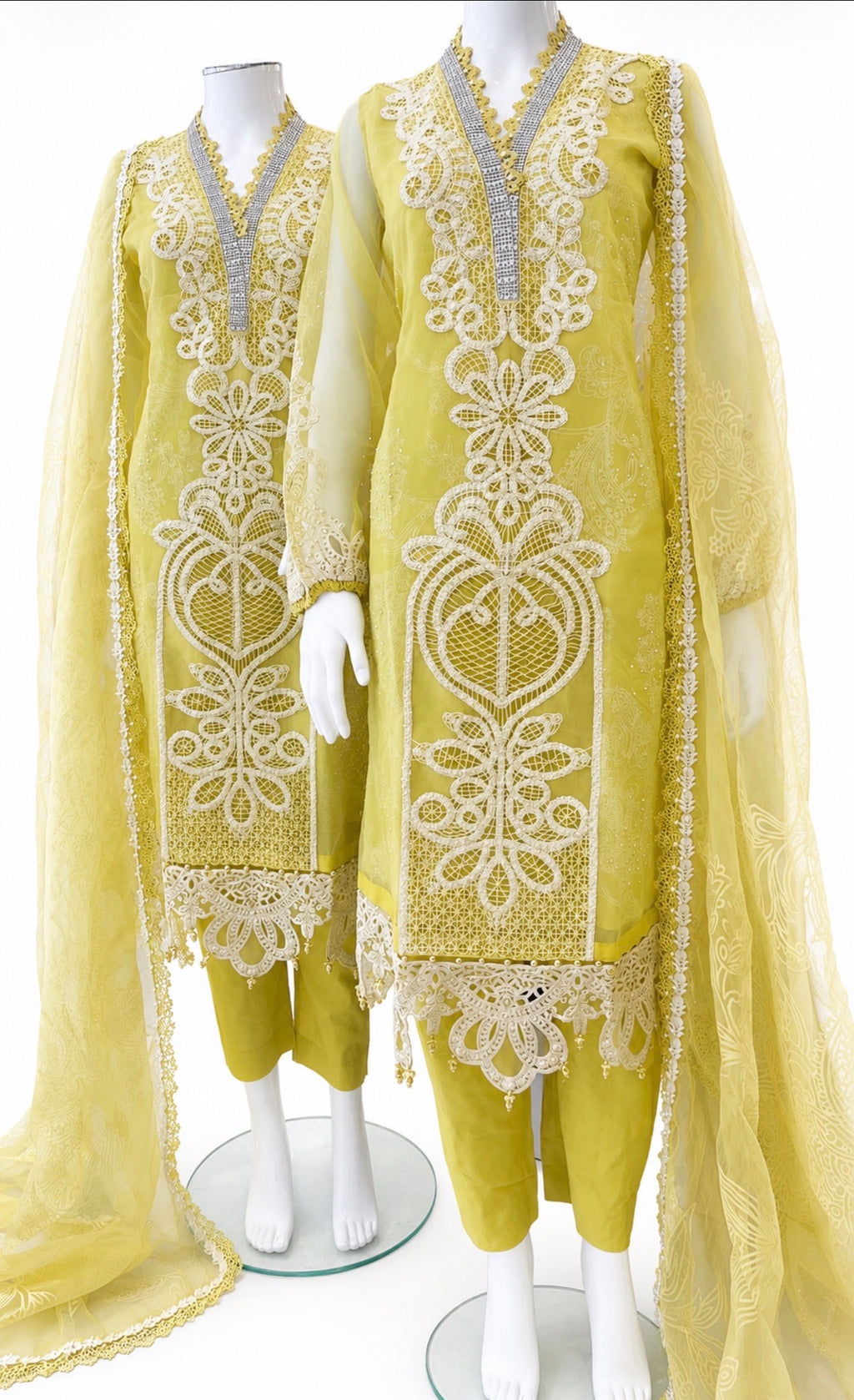 Lemon Luxe-3 piece Luxury Embroidered organza Suit