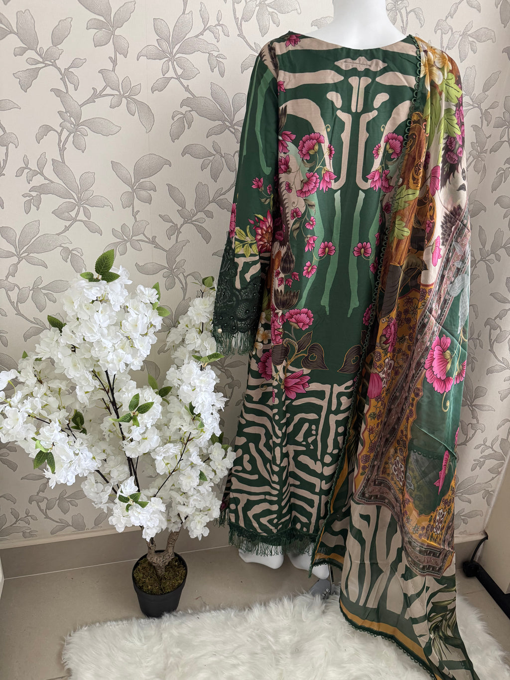M Prints inspired Embroidered 3-Piece Suit | Pakistani Designer Dress