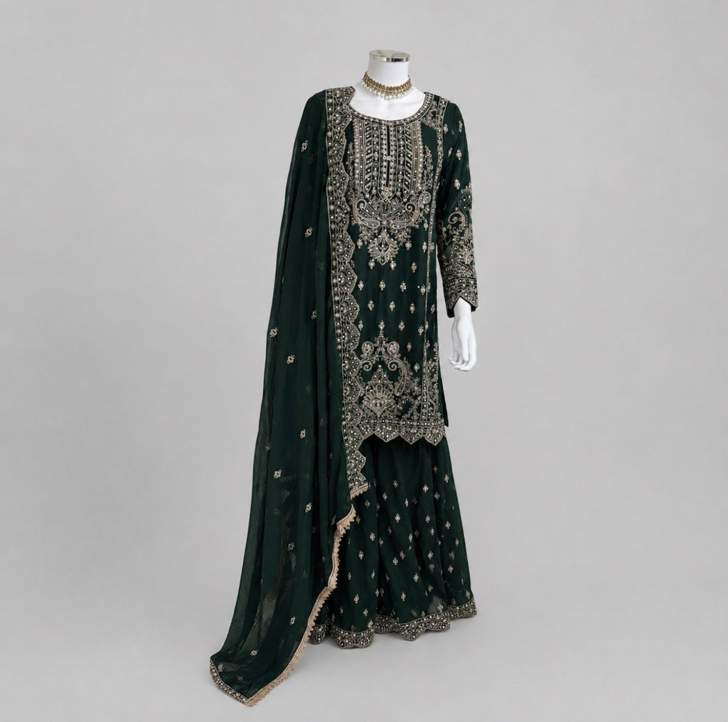 SAFFA- 3 piece Embroidered Chiffon Gharara Suit