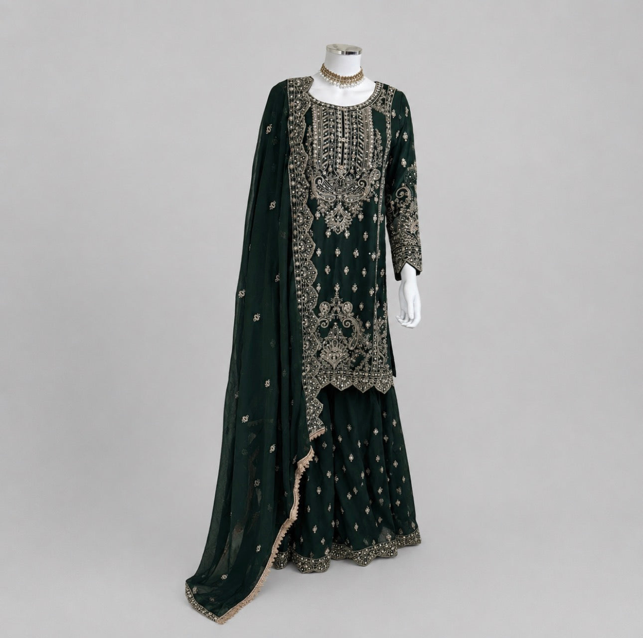 SAFFA- 3 piece Embroidered Chiffon Gharara Suit