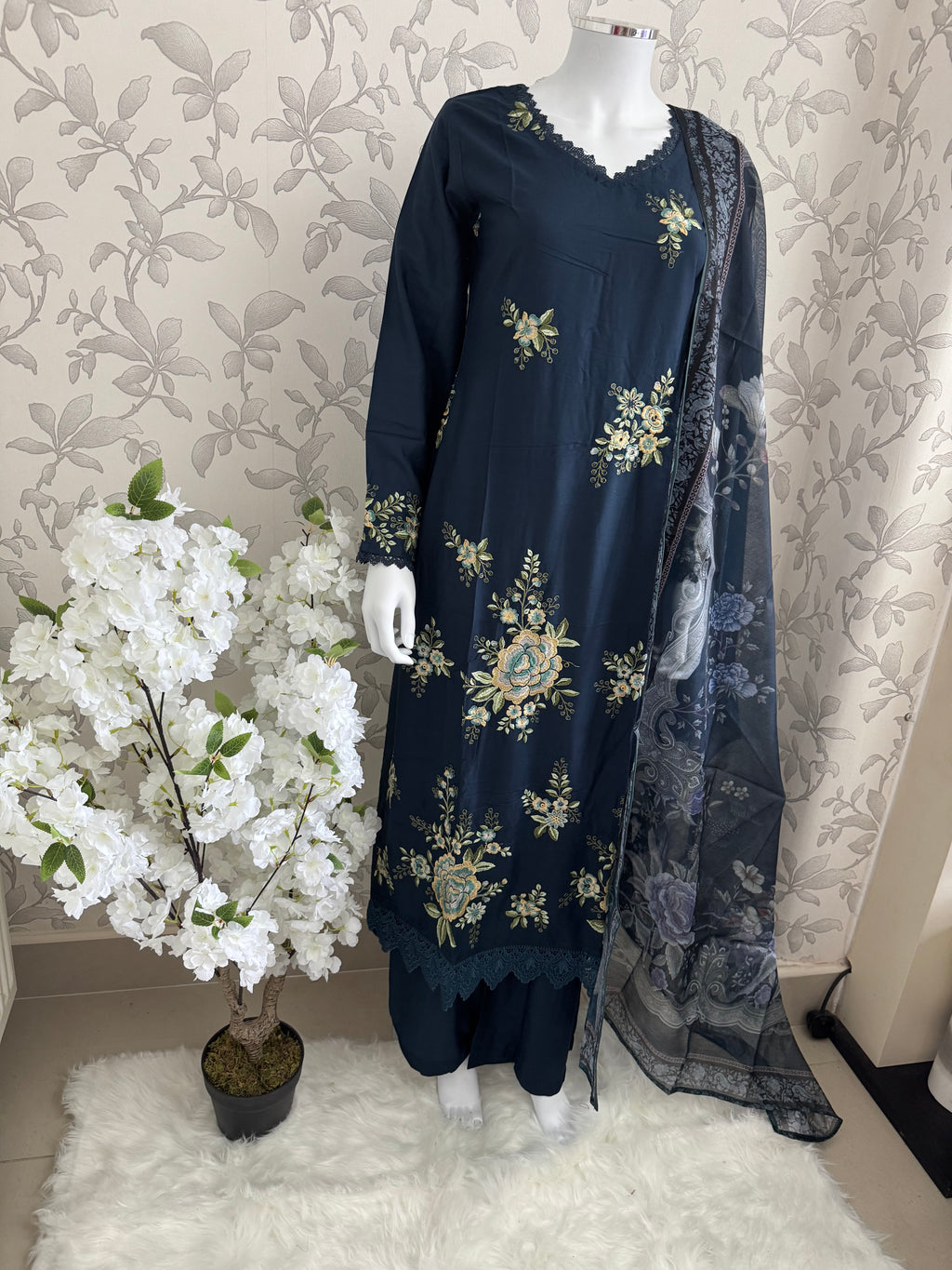 M Prints inspired Embroidered 3-Piece Suit | Pakistani Designer Dress