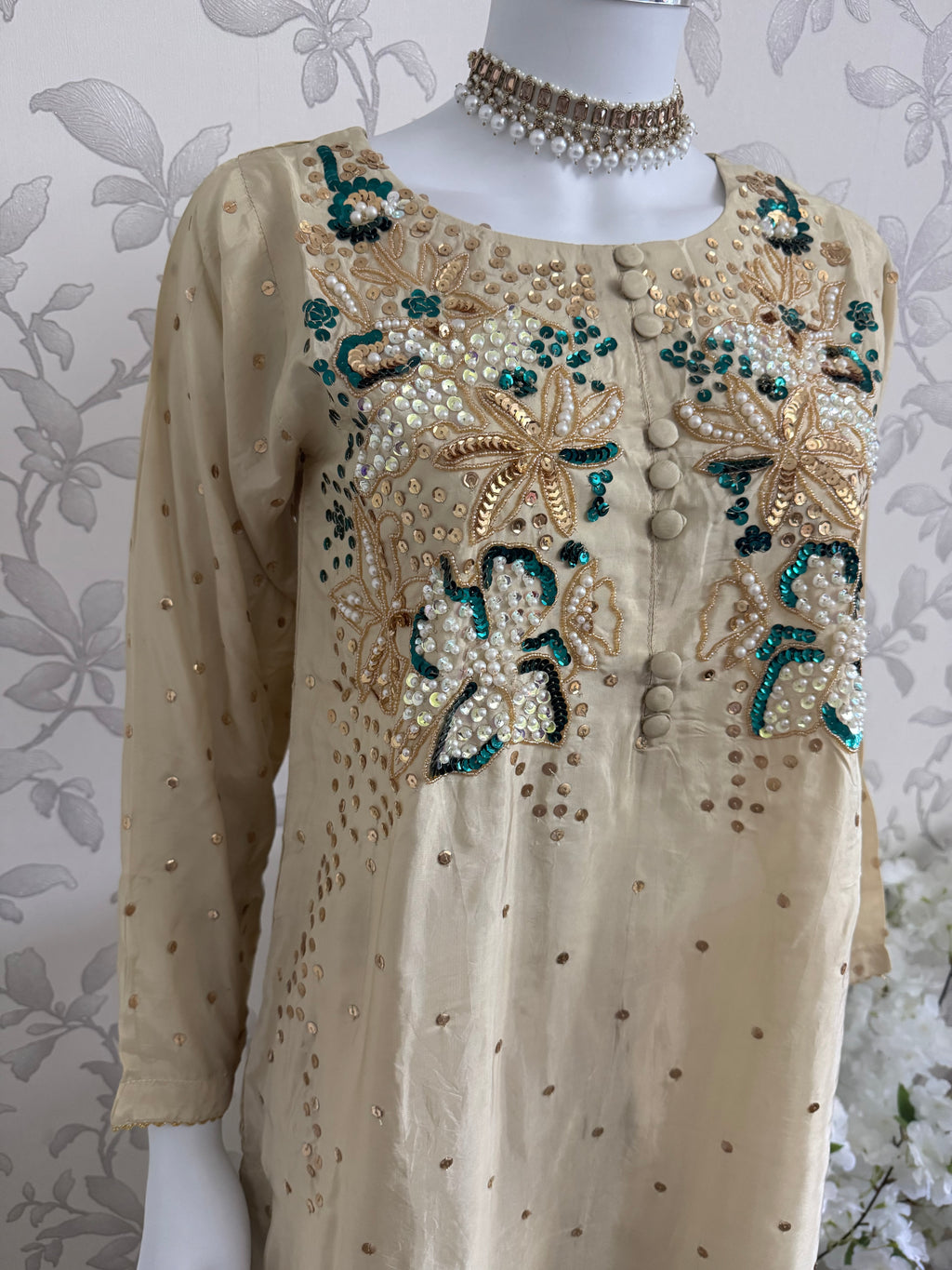 SILKY CHARM- 3 piece sequins Embroidered Silk Suit