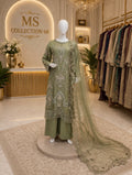 Sage Serenity Embroidered 3-Piece Luxury Suit with Net Dupatta