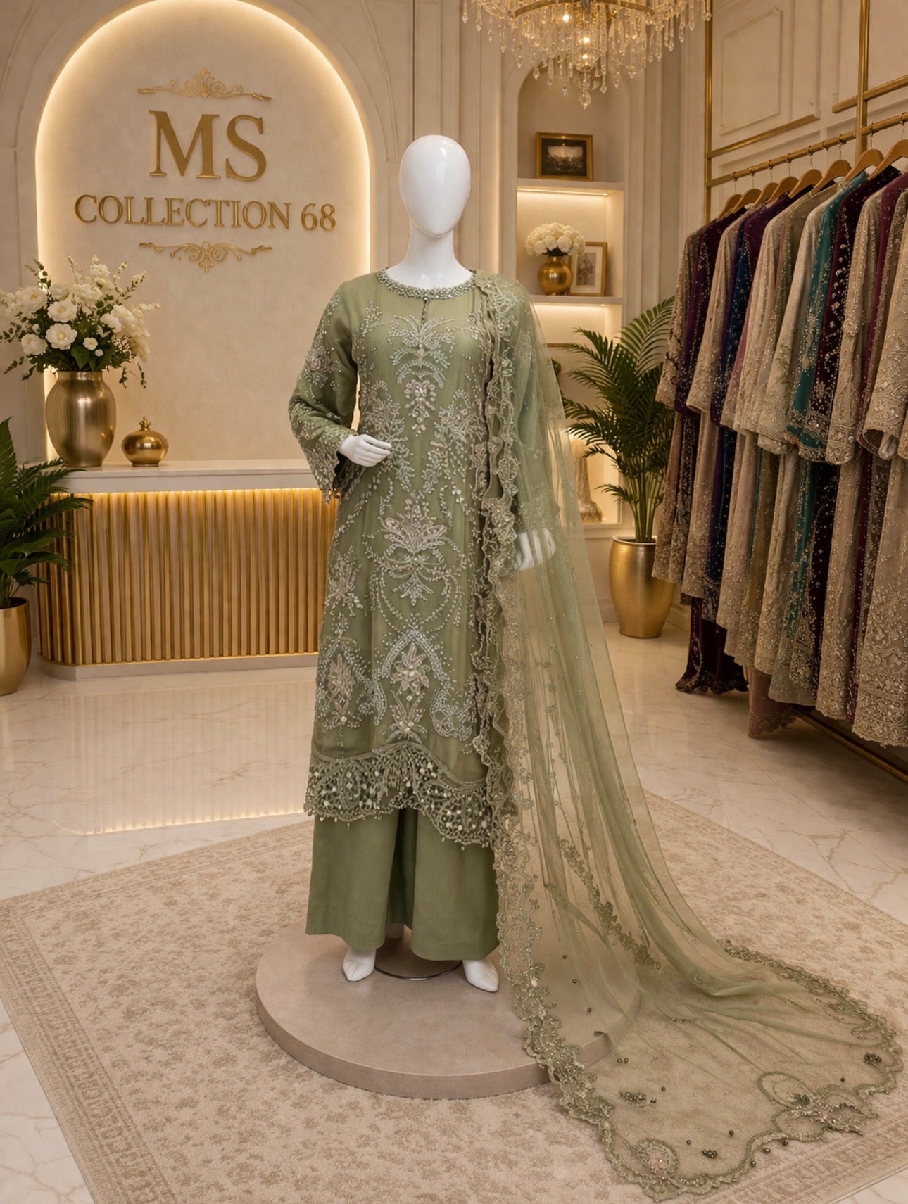 Sage Serenity Embroidered 3-Piece Luxury Suit with Net Dupatta