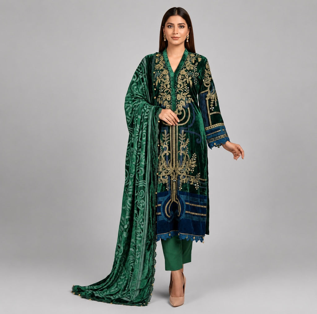 D2 VELVET-Emerald Royale Embroidered 3-Piece Suit with Luxury Dupatta