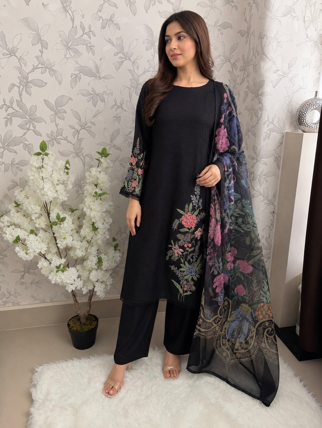 M Prints inspired Embroidered 3-Piece Suit | Pakistani Designer Dress