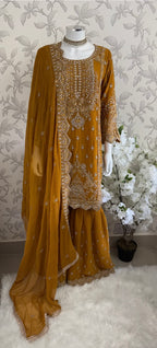 SAFFA- 3 piece Embroidered Chiffon Gharara Suit