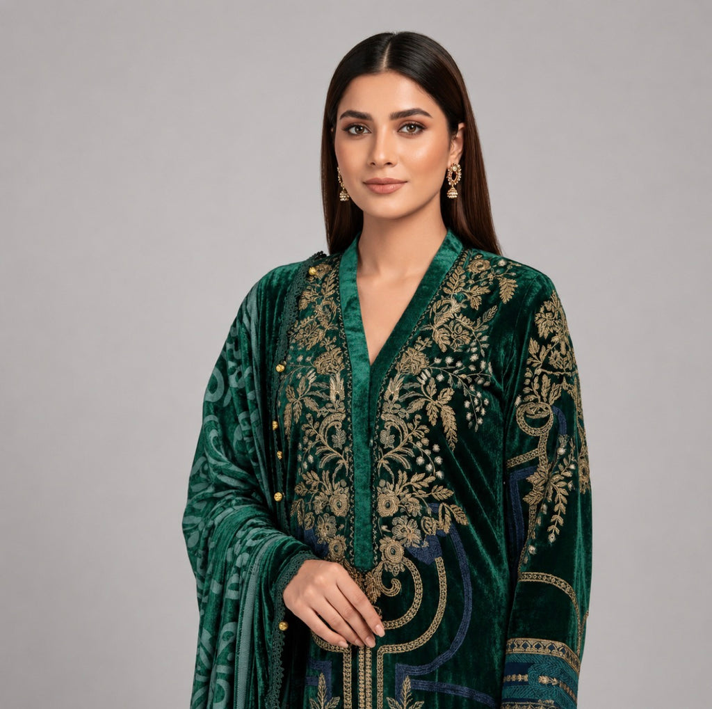 D2 VELVET-Emerald Royale Embroidered 3-Piece Suit with Luxury Dupatta