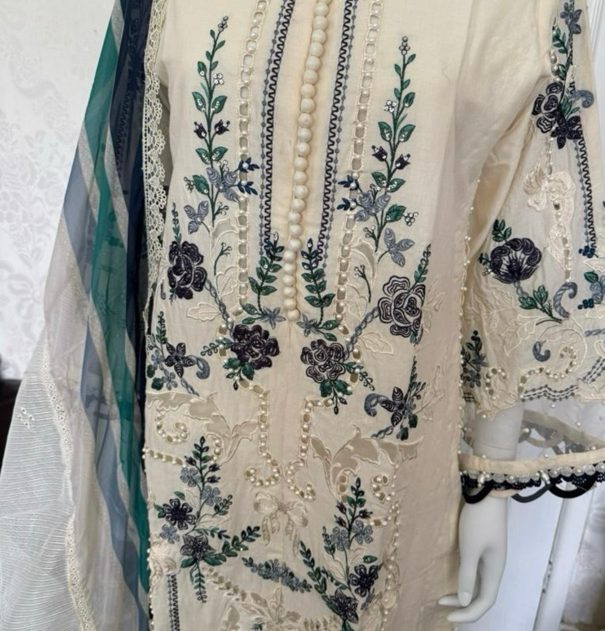 Azure Bloom- 3 piece Luxury Embroidered Suit