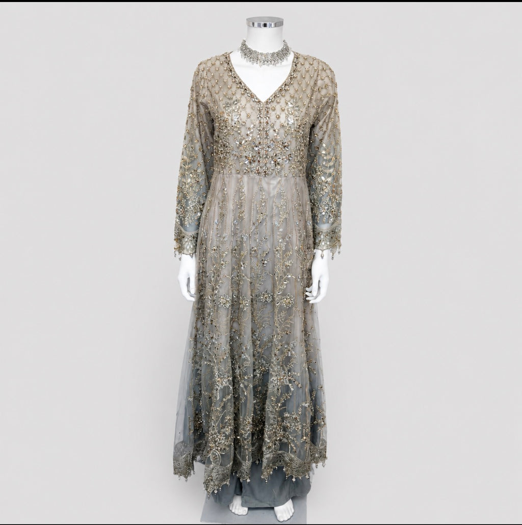MASHAL- 3 pieces Embroidered Net Maxi Dress with embroidered organza Duppatta