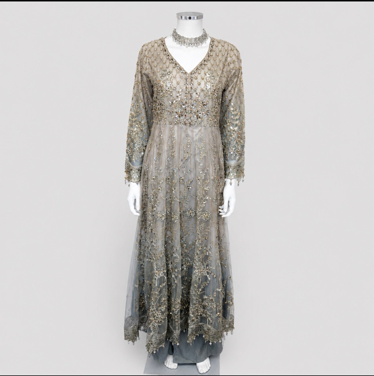 MASHAL- 3 pieces Embroidered Net Maxi Dress with embroidered organza Duppatta