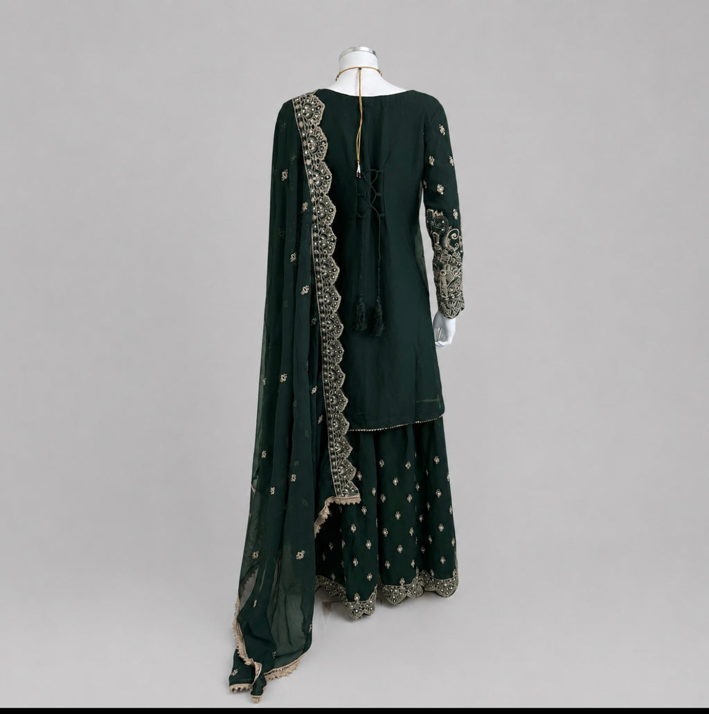SAFFA- 3 piece Embroidered Chiffon Gharara Suit