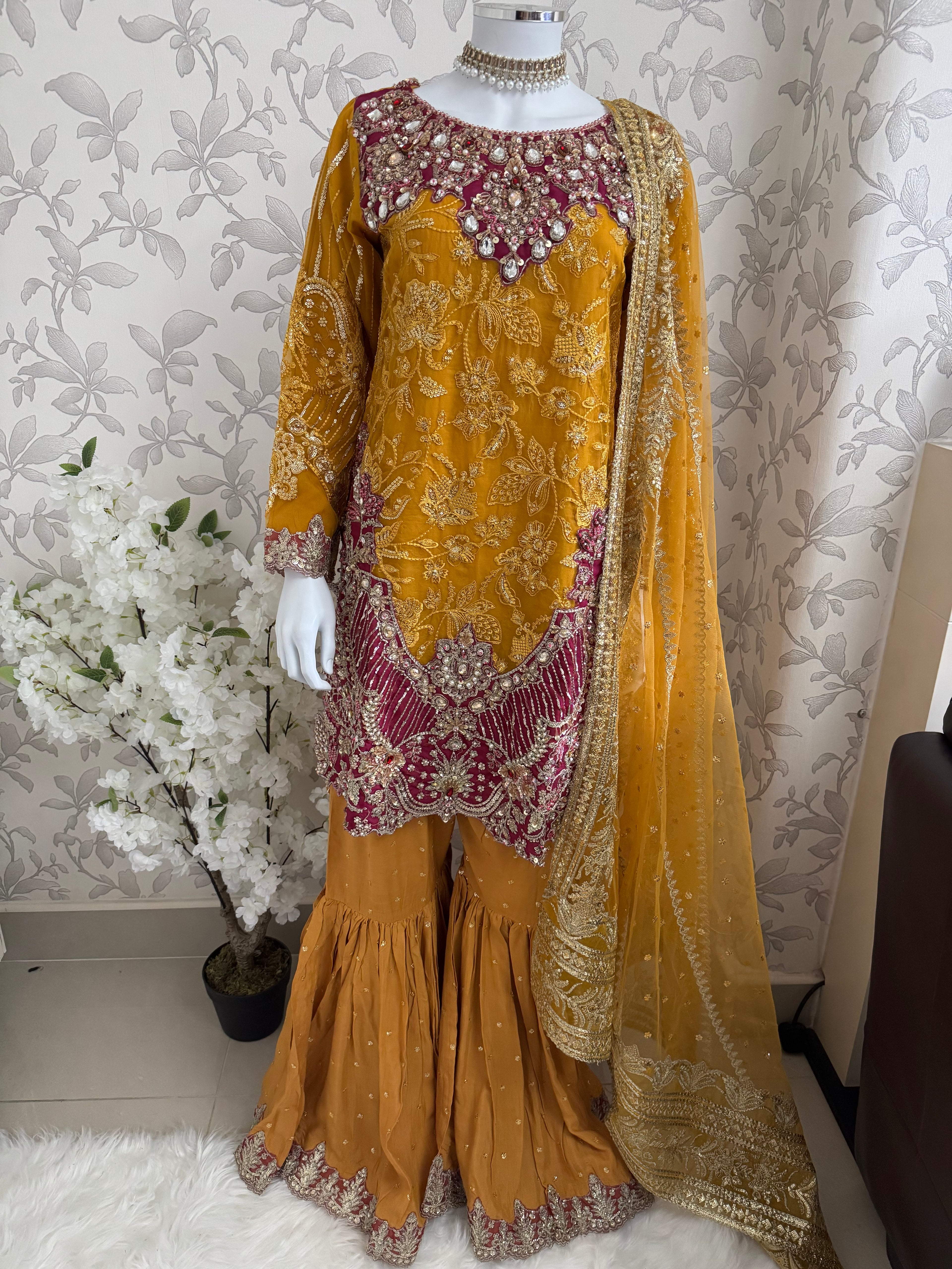 IMROZIAA- 3 piece Embroidered chiffon Gharara Suit
