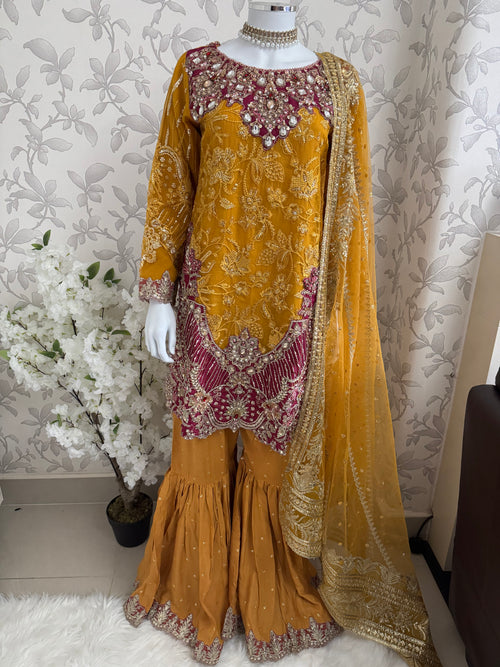IMROZIAA- 3 piece Embroidered chiffon Gharara Suit