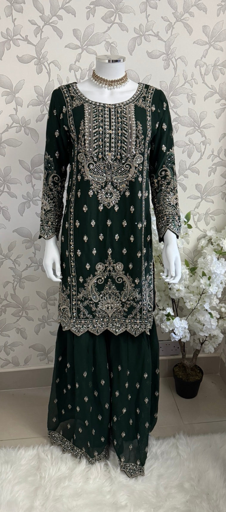 SAFFA- 3 piece Embroidered Chiffon Gharara Suit