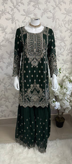 SAFFA- 3 piece Embroidered Chiffon Gharara Suit