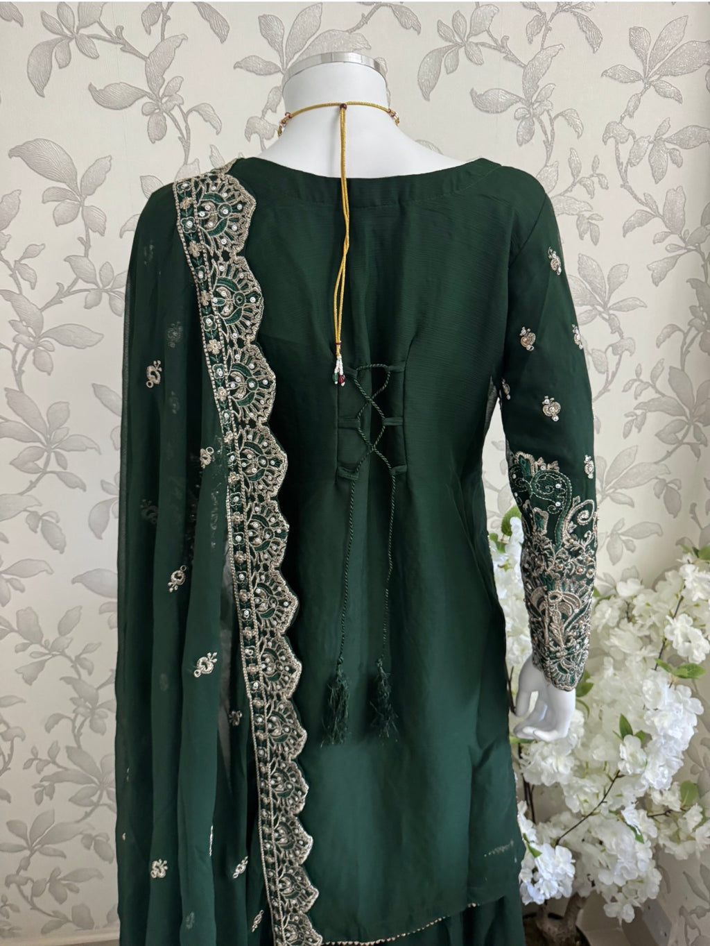 SAFFA- 3 piece Embroidered Chiffon Gharara Suit