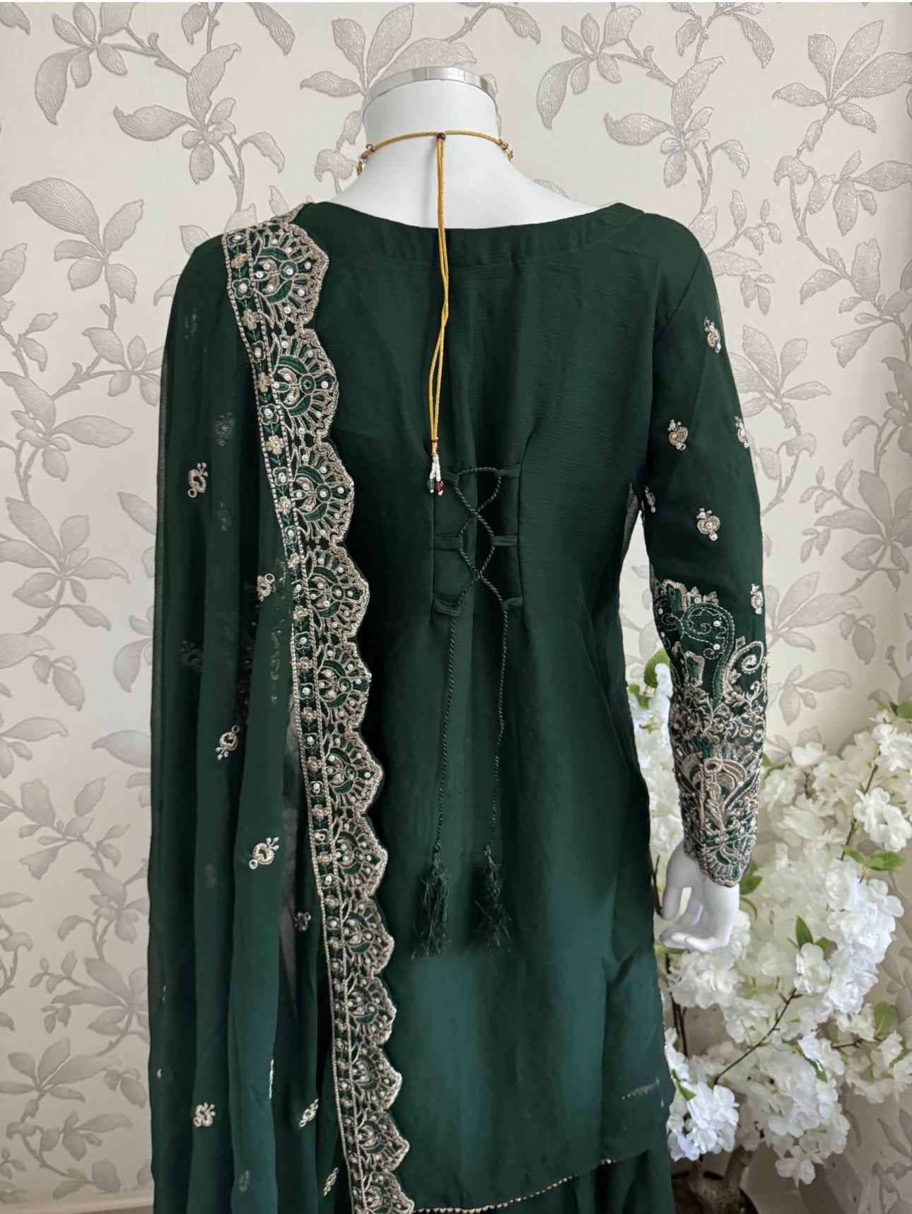 SAFFA- 3 piece Embroidered Chiffon Gharara Suit