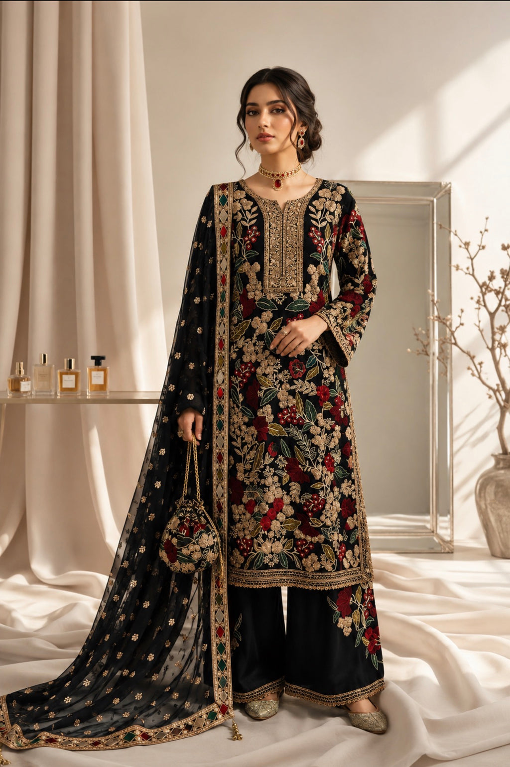 MAHNAZ-  4 pieces Heavy Embroidered chiffon suit