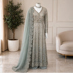 MASHAL- 3 pieces Embroidered Net Maxi Dress with embroidered organza Duppatta