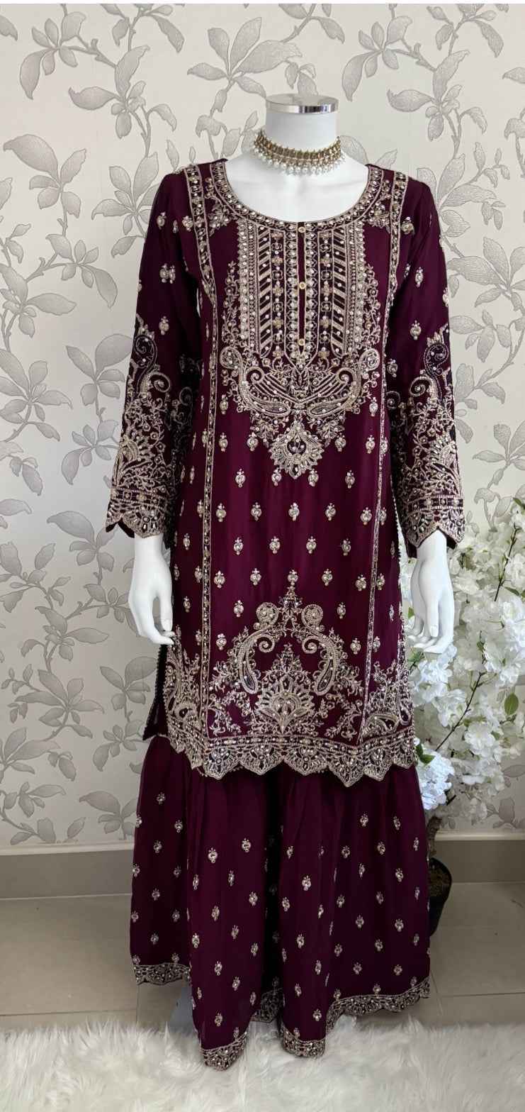 SAFFA- 3 piece Embroidered Chiffon Gharara Suit
