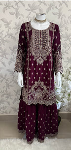 SAFFA- 3 piece Embroidered Chiffon Gharara Suit
