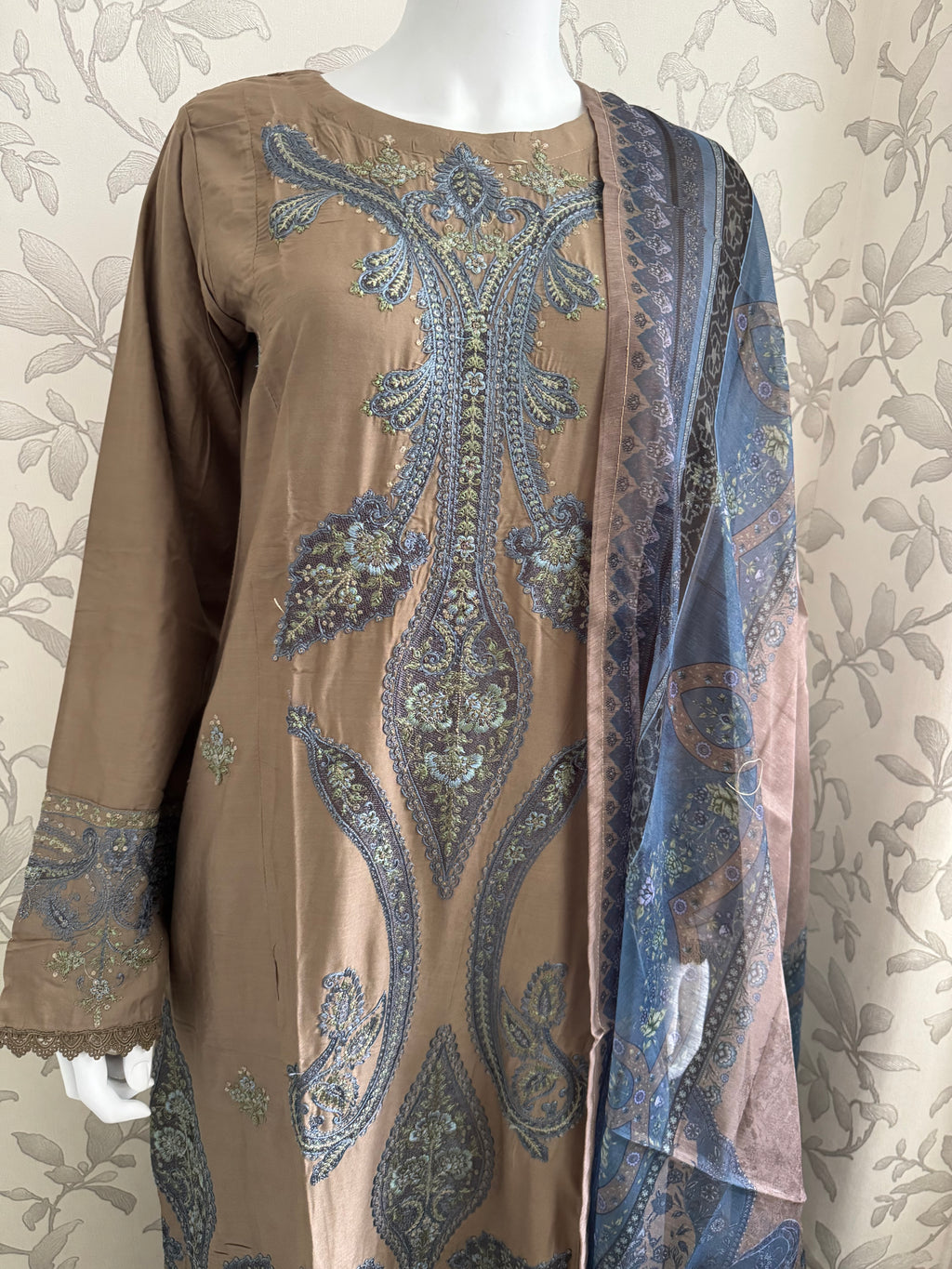 M Prints inspired Embroidered 3-Piece Suit | Pakistani Designer Dress