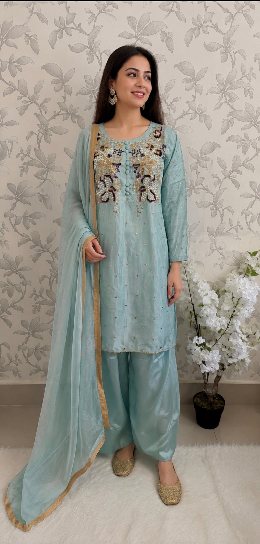 SILKY CHARM- 3 piece sequins Embroidered Silk Suit