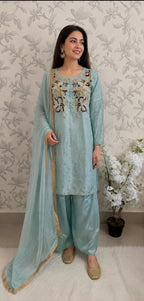 SILKY CHARM- 3 piece sequins Embroidered Silk Suit
