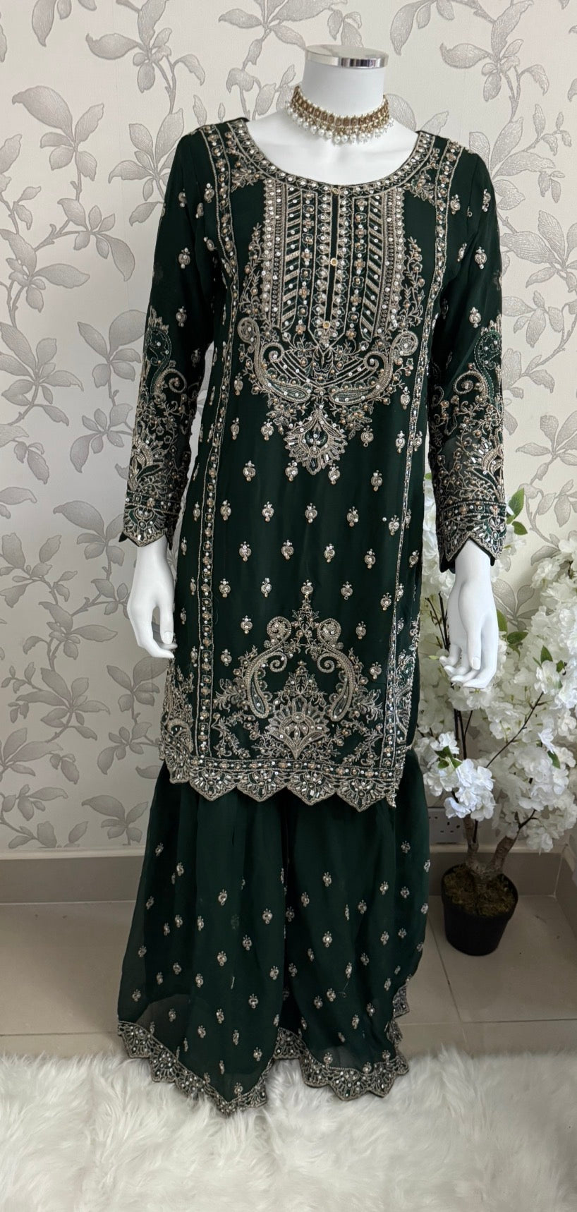 SAFFA- 3 piece Embroidered Chiffon Gharara Suit