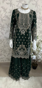 SAFFA- 3 piece Embroidered Chiffon Gharara Suit