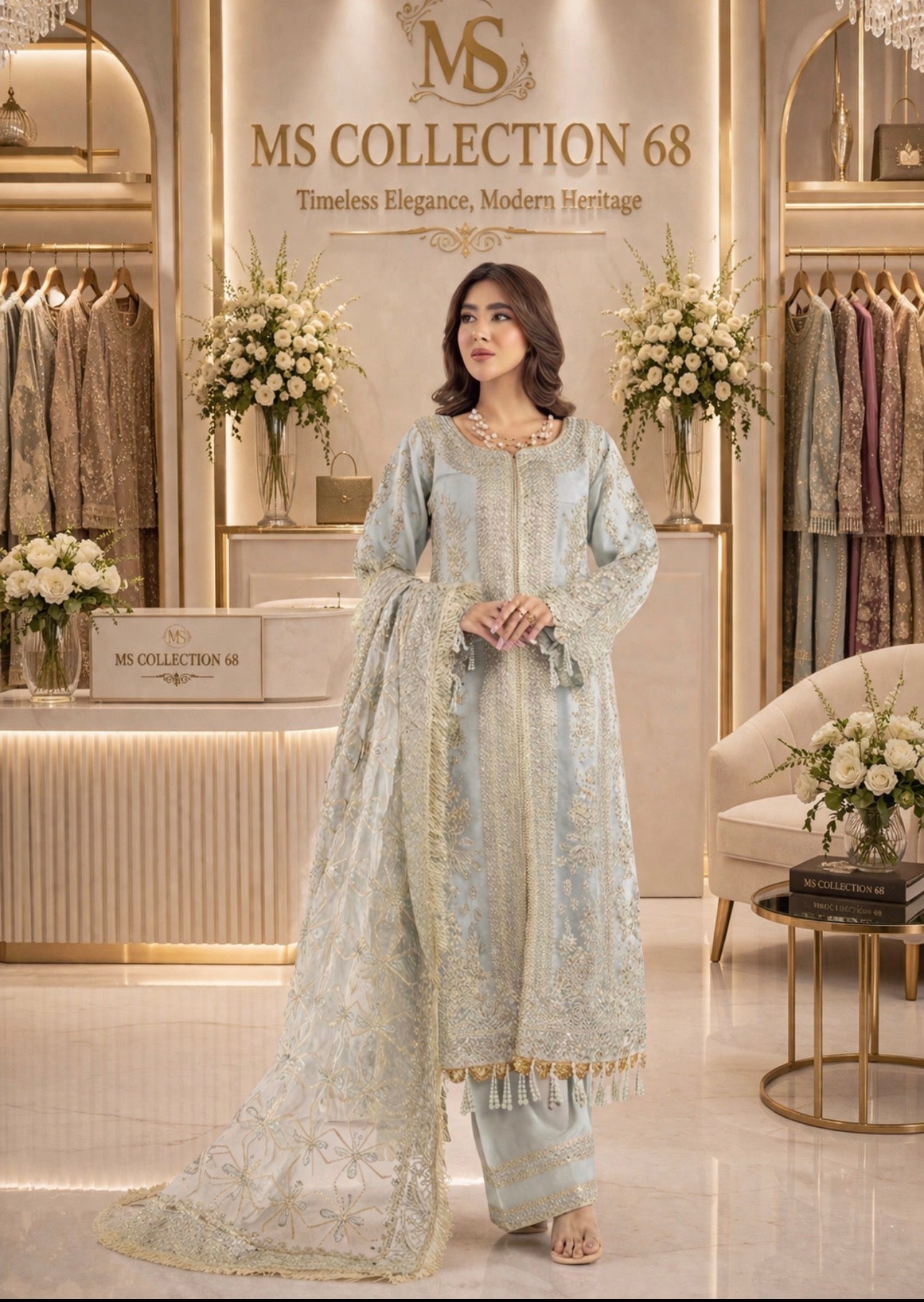 NUREH- 3 pieces heavy embroidered soft organza suit