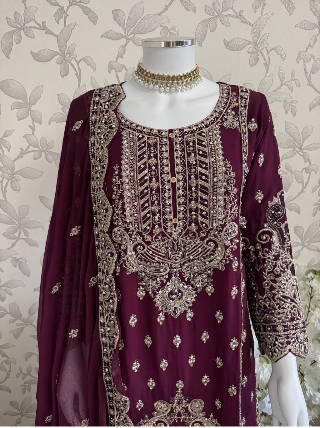 SAFFA- 3 piece Embroidered Chiffon Gharara Suit