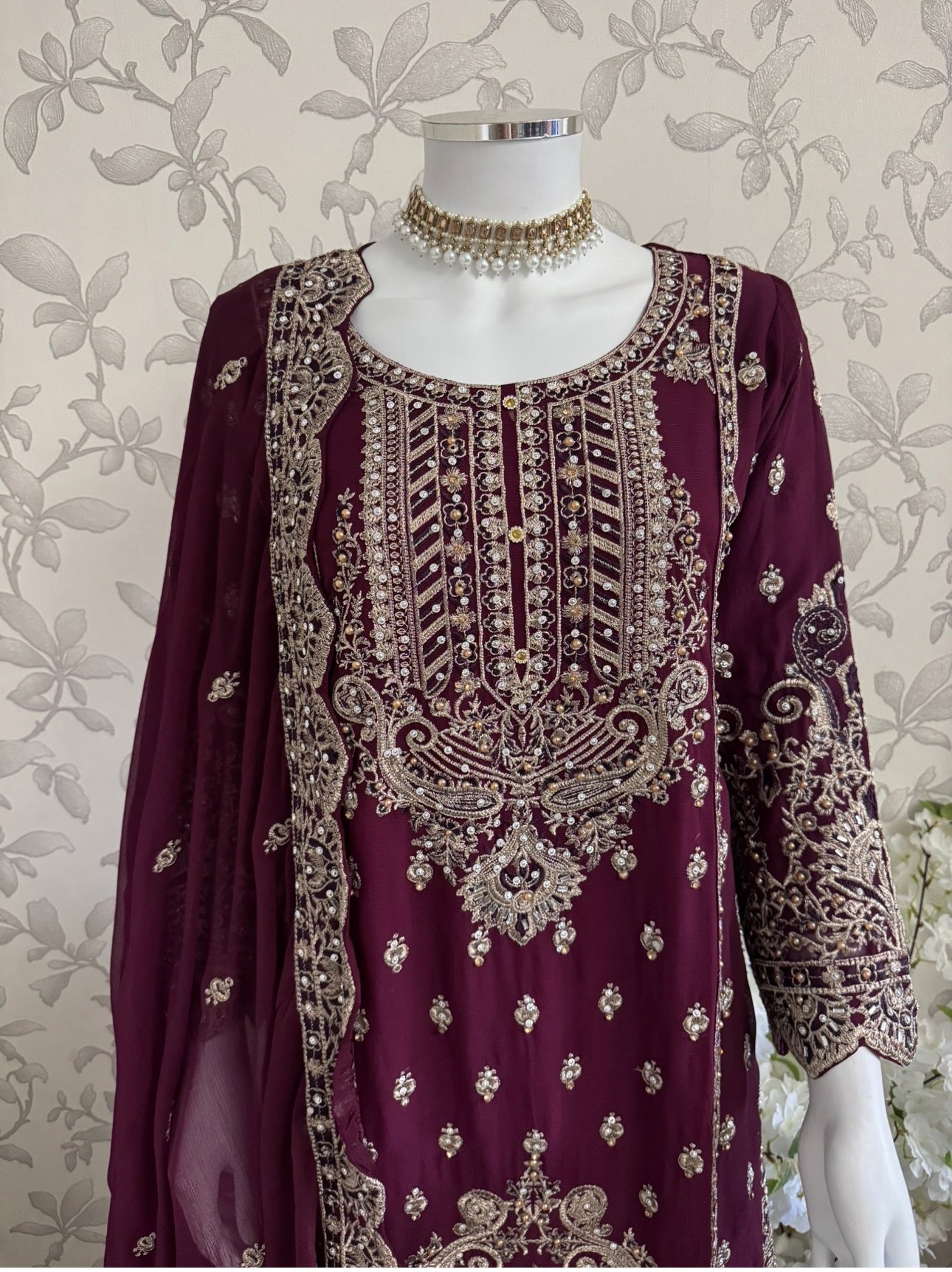 SAFFA- 3 piece Embroidered Chiffon Gharara Suit