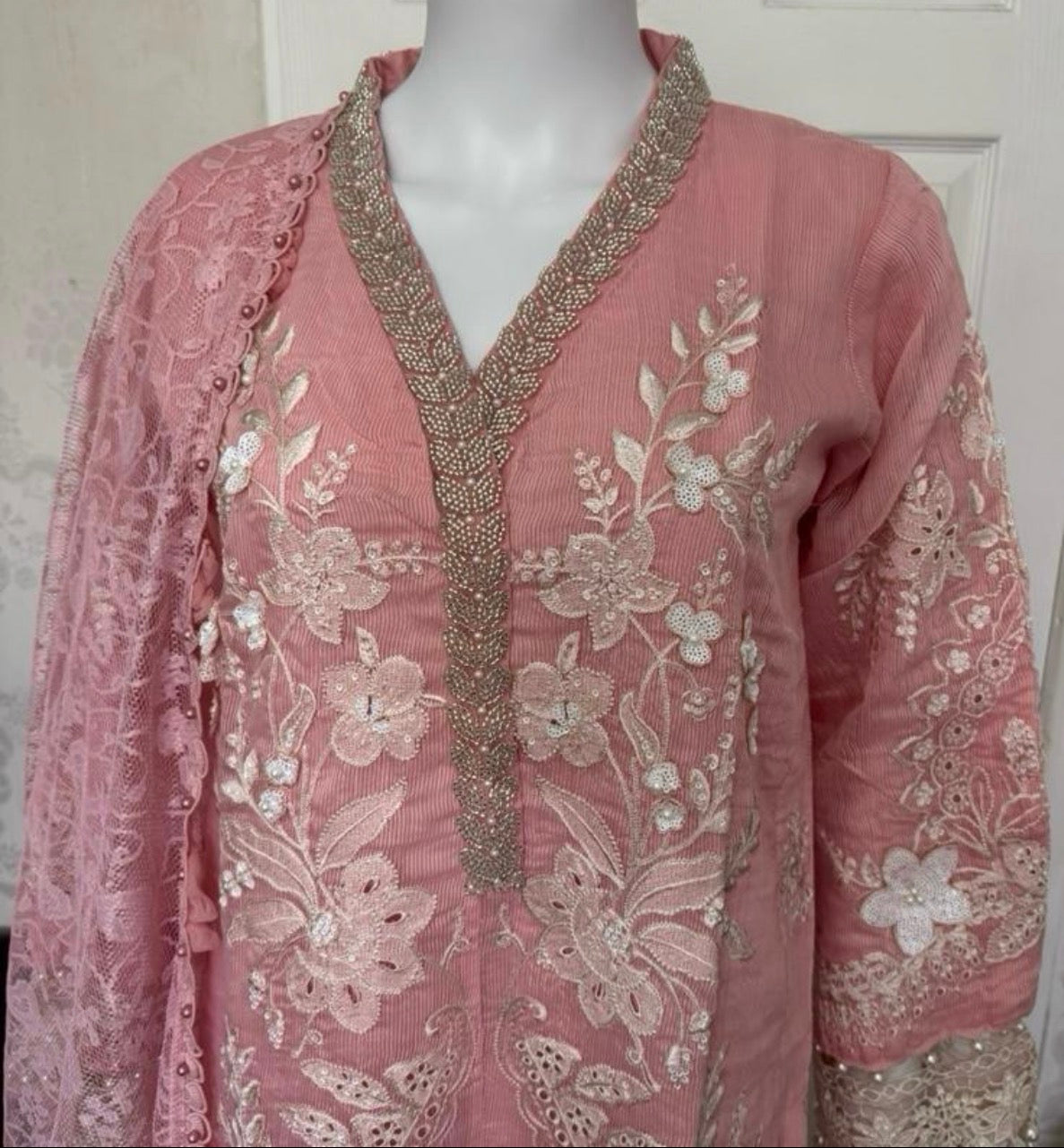 Rose Quartz-3 piece Luxury Embroidered khaadi Net Suit